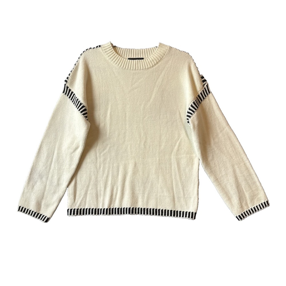 Dokotoo Cream Knit Sweater M Contrast Whip Stitch Crewneck Cozy Minimalist Comfy